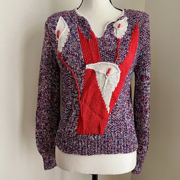 Vintage Calla Lily Knit Sweater Orange & White Size Small - Picture 5 of 9